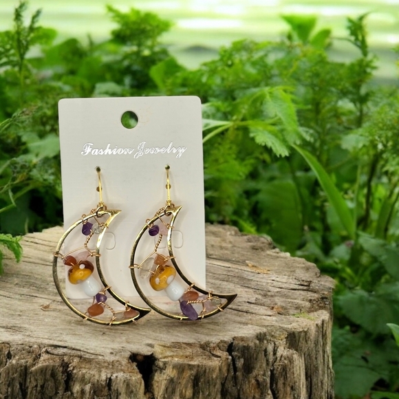 Gold and Multicolor Crescent Earrings - Picture 3 of 4